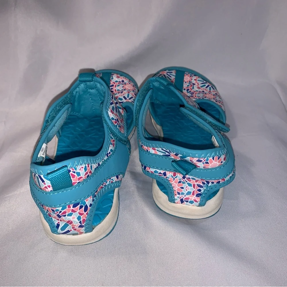 Lands’ End Sandals Kids Youth Size 4 Floral Teal Pink Closed Toe Shoes